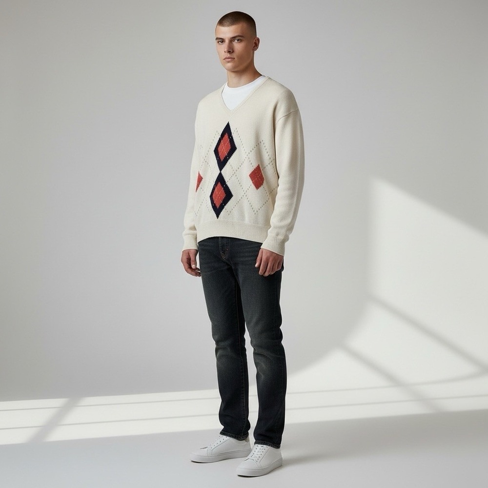 La Mode Vintage Men's Argyle 100%  Cotton Golf Sweater Large Cream Multi Allover